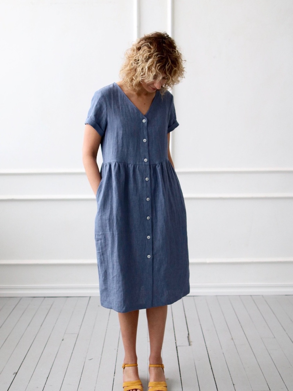 Blue Button-Front V-Neck Midi Dress - Picture 2 of 13